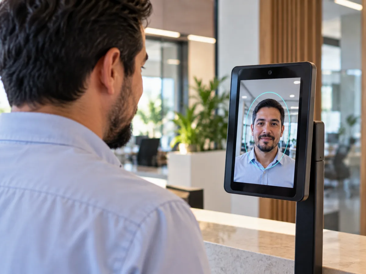 Empleado mirando la cámara frontal de la tablet para checar